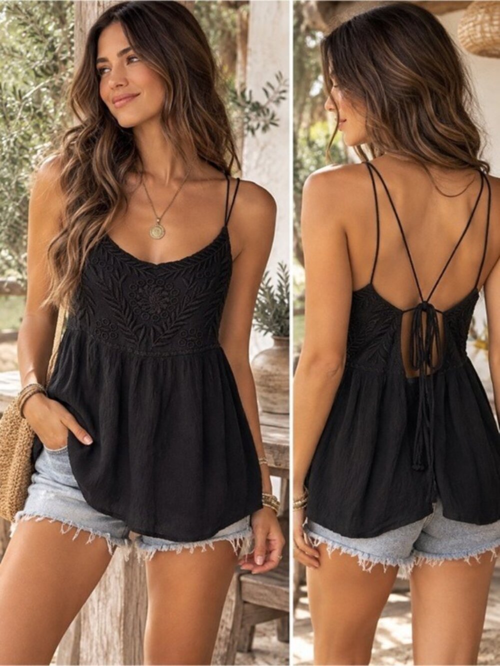 Free People Black Embroidered Tie Back Cami Tank Top Large Boho Festival
